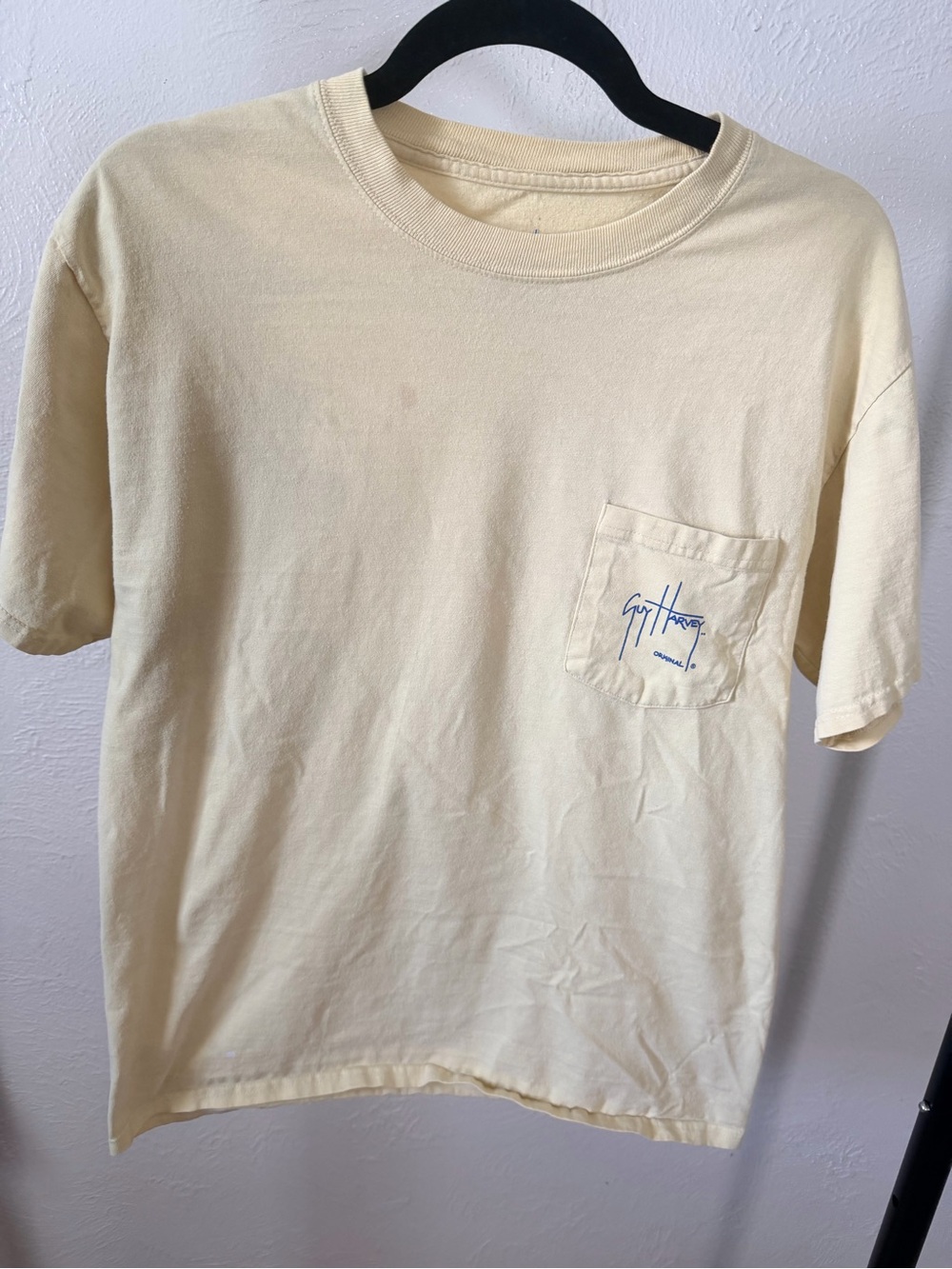 Guy Harvey Pocket Tee with Script Logo - Pale Yellow/Cream Size Mediun